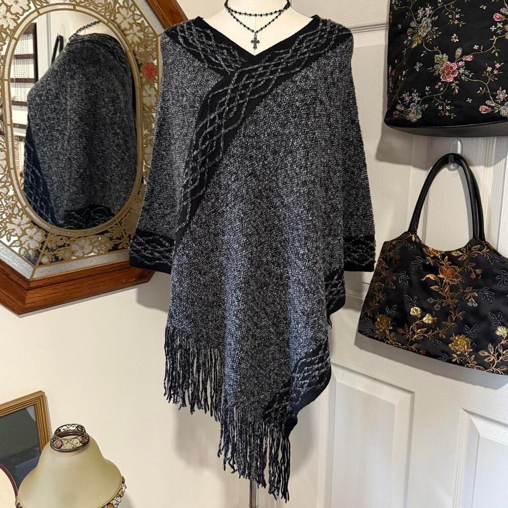 VTG Y2K C-Mode Dark Grey & Black Braided Asymmetrical Poncho w Fringe OS